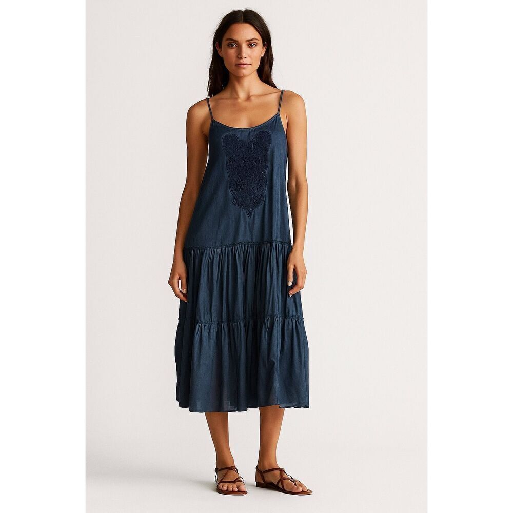 Lauren Ralph Lauren cotton indigo boho tiered midi dress sz 10 medium crochet mi